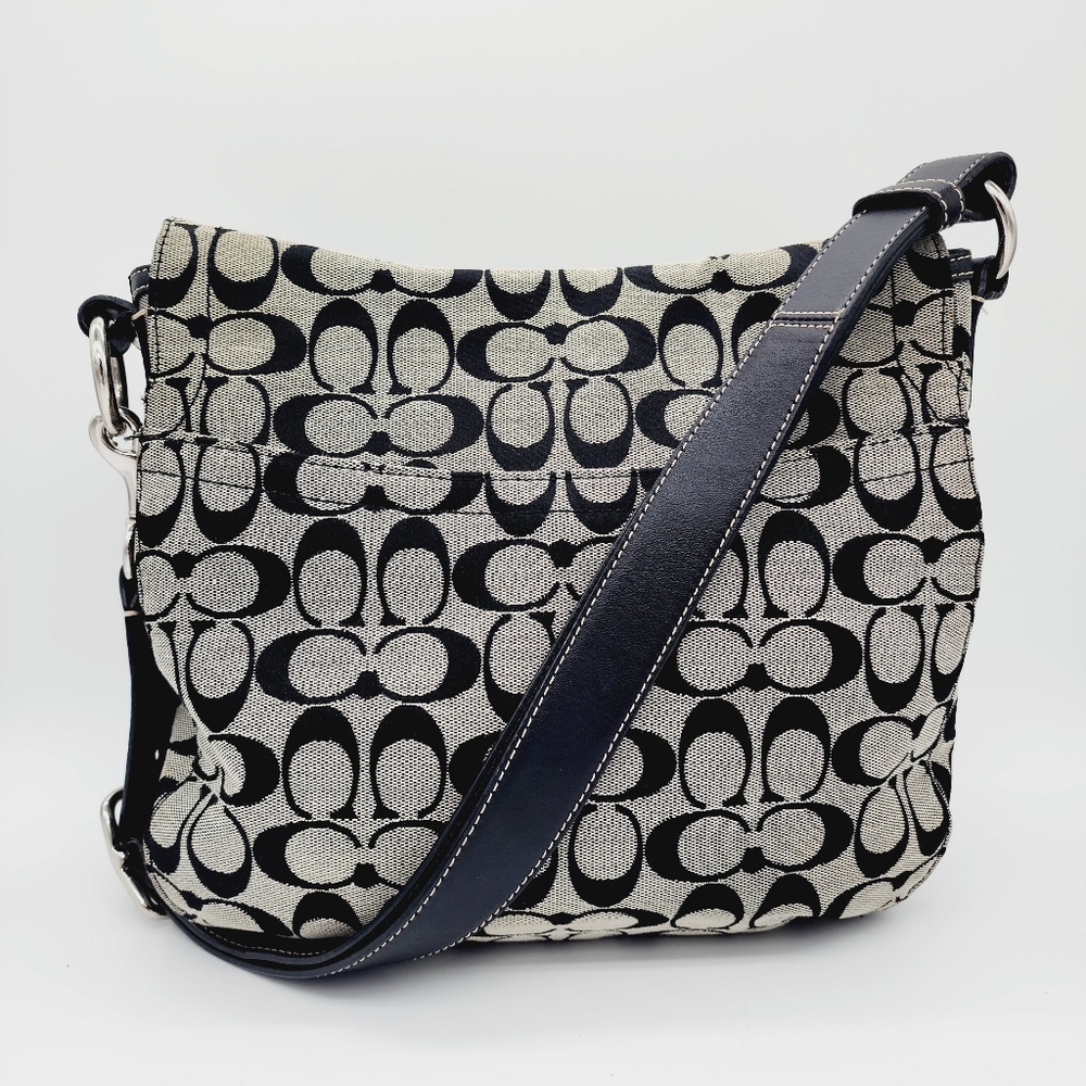 Coach Chelsea Signature Messenger Shoulder Bag Flap Turnlock Black Grey - Picture 12 of 14